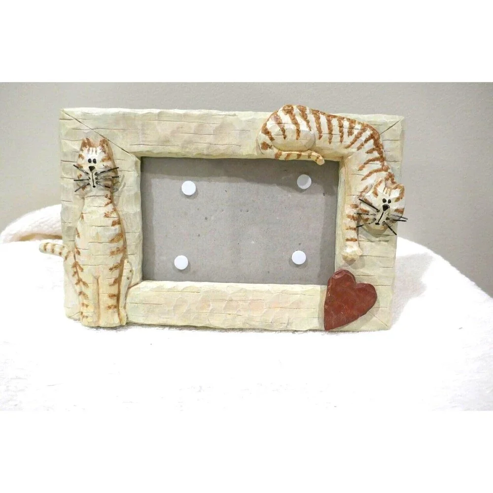 Heart & Home Kitty Cat Lover Photo Picture Frame Boho Folk Art Cute Striped Cats